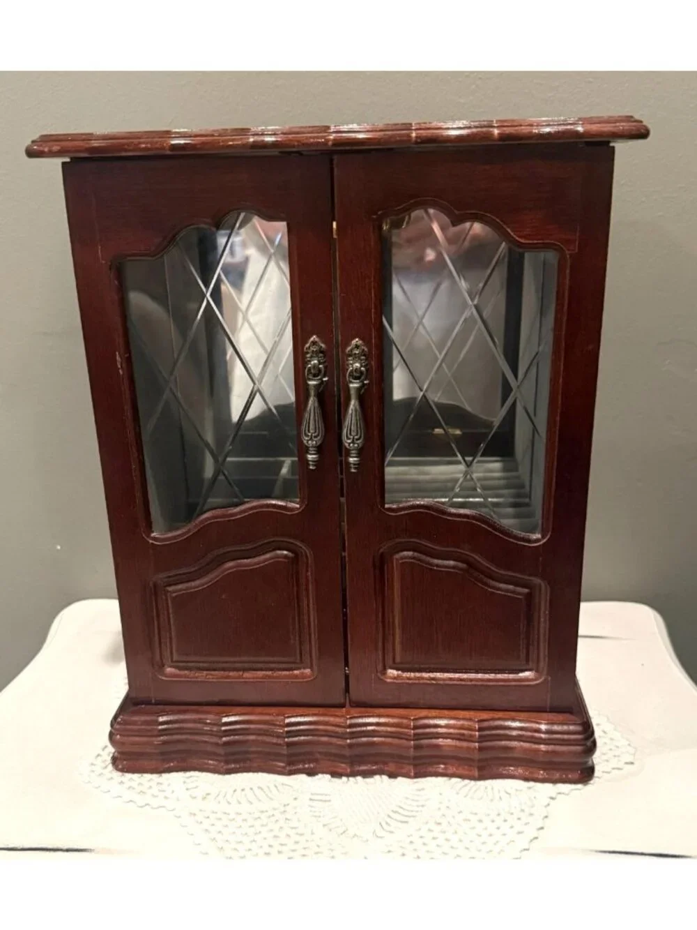 Vintage Wooden Musical Jewelry Armoire Glass Doors Necklace Carousel Mirror
